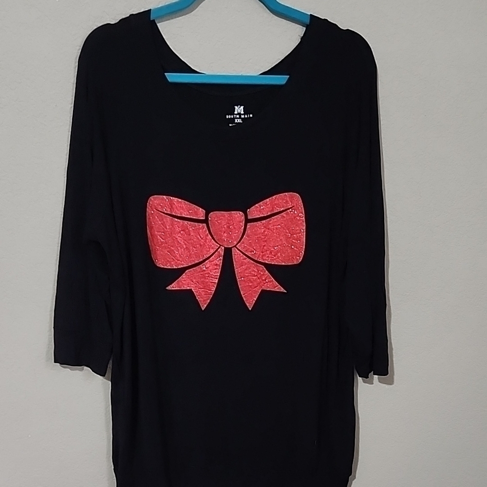 South Main Red Black Bow Shirt Size XXL Scoop Neck 3/4 Sleeve Top
